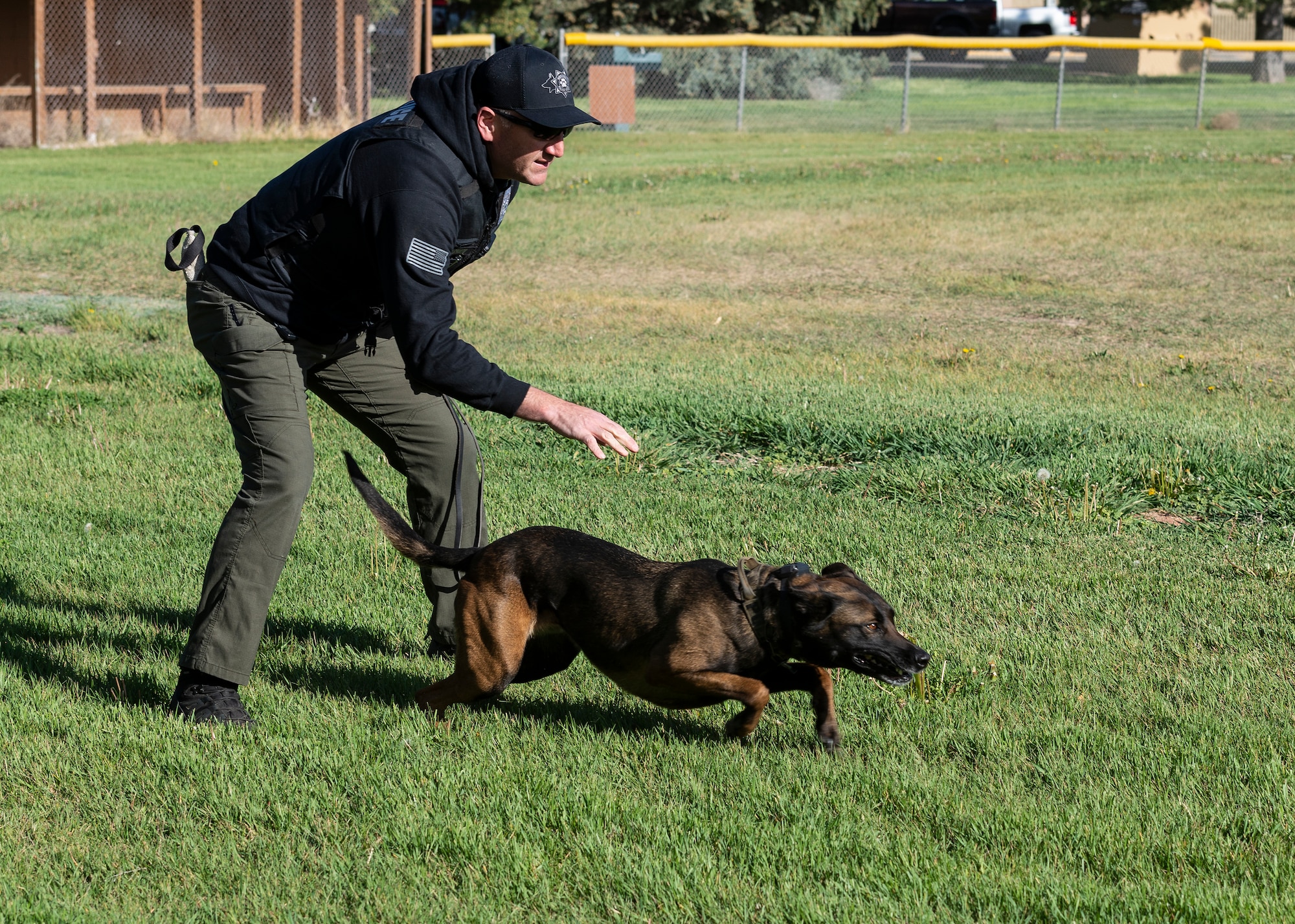 Brandon Esparza, Meridian Police Department officer, releases his K-9, KB, to apprehend a decoy in a bitesuit during a competition with the 366th Security Forces Squadron K-9 team.