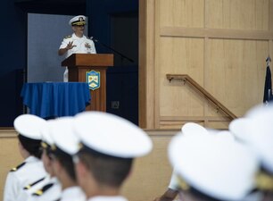 NEWPORT, RI (July 15, 2022) Rear Adm. Rick Freedman, Director,
Medical Integration and Combat Survivability gives a speech during the Officer Development
School (ODS) class 22060 graduation ceremony at Officer Training Command Newport
(OTCN), Rhode Island, July 15. ODS provides staff corps officers and several restricted line
designators with training necessary to prepare them to function in their role as newly
commissioned Naval officers. (U.S. Navy photo by Mass Communication Specialist 2nd Class
Derien C. Luce)
