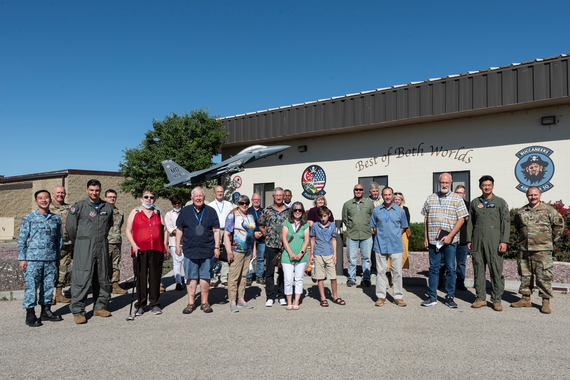 Faith leaders of the community participating in a base tour led by the Chapel pose for a photo on July 22, 2022 at Mountain Home Air Force Base, Idaho. They got to see Airmen at work and the U.S. and Republic of Singapore Air Forces’ cultures firsthand.(U.S. Air Force photo by Staff Sgt. Anne Ortiz)