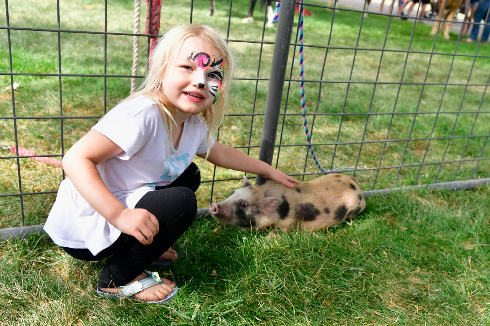 Ahria Holman pets a piglet in the exotic animal petting zoo during the Military Salute Picnic held at Centennial Park Aug. 5, 2022, at Hill Air Force Base, Utah. The annual event is sponsored by the Top of Utah Military Affairs Committee and provided fun activities, free food and live entertainment for the base’s military and their families. (U.S. Air Force photo by Todd Cromar)