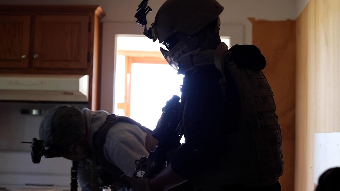 Marines with the Fleet Marine Force conduct a remote advise and assist exercise alongside active duty and prior service evaluators during RAVEN, April 27, 2022. RAVEN is a training exercise held to evaluate all aspects of a Marine Special Operations Company prior to a special operations deployment. (U.S. Marine Corps photo by Lance Cpl. Brandon Marrero)