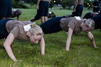 220726-N-PW480-0090 220726-N-PW480-0155 GREAT LAKES, Ill. (July 26, 2022) Naval Reserve Officers Training Corps (NROTC) New Student Indoctrination (NSI) 2022 Cycle 3 midshipman candidates perform push-ups during an inventory physical readiness test at Recruit Training Command (RTC), July 26. Upon completion of NSI, the candidates will start their freshman year of the NROTC program at colleges and universities nationwide this fall. NSI is an indoctrination program hosted at RTC, and provides midshipmen with a common military training orientation. NSI provides basic training in five warfighting fundamentals – firefighting, damage control, seamanship, watchstanding and small arms handling and marksmanship – to begin creating basically trained and smartly disciplined future Navy and Marine Corps officers. NROTC is overseen by Commander, Naval Service Training Command (NSTC), Rear Adm. Jennifer S. Couture, which supports naval accessions training for 98 percent of the Navy’s new officers and enlisted Sailors. (U.S. Navy photo by Mass Communication Specialist 2nd Class Nikita Custer)