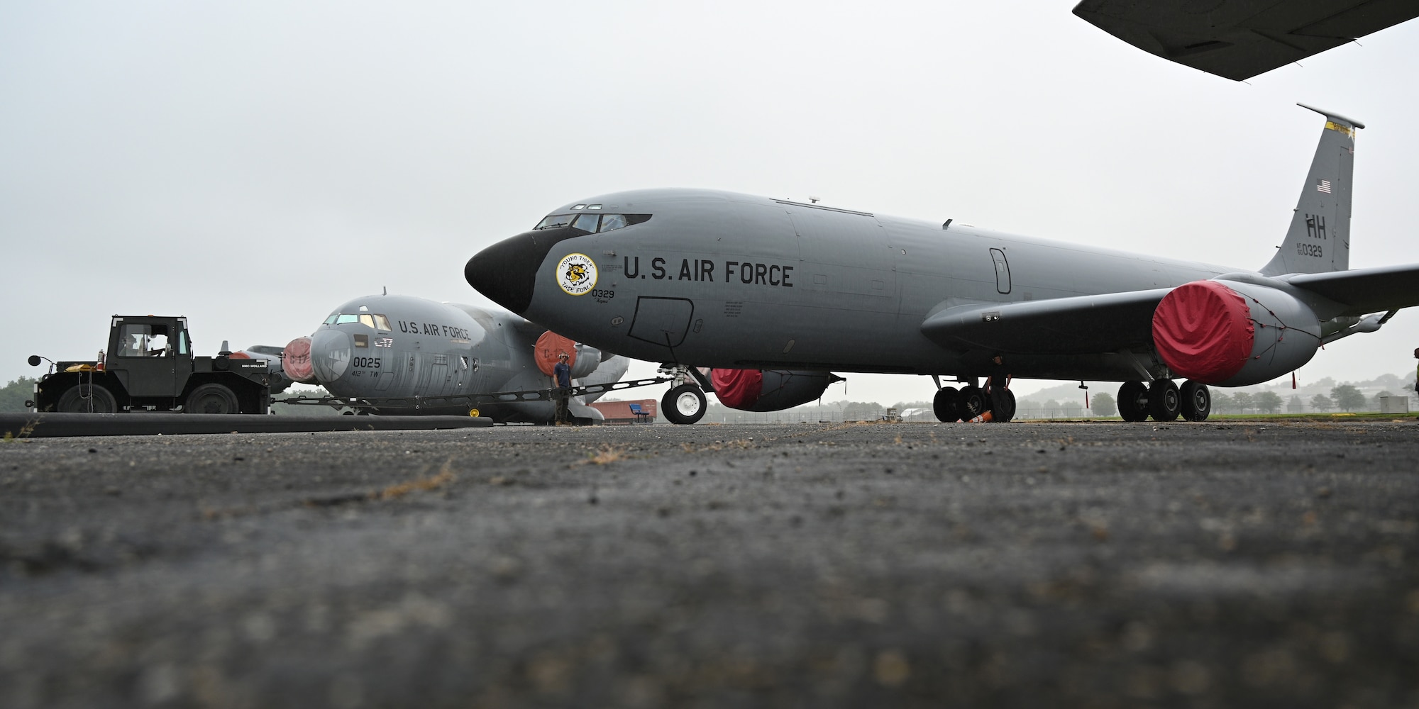 Restoration crews tow the Boeing KC-135R 60-0329 to the Air Park at the National Museum of the U.S. Air Force on Aug. 10, 2022.