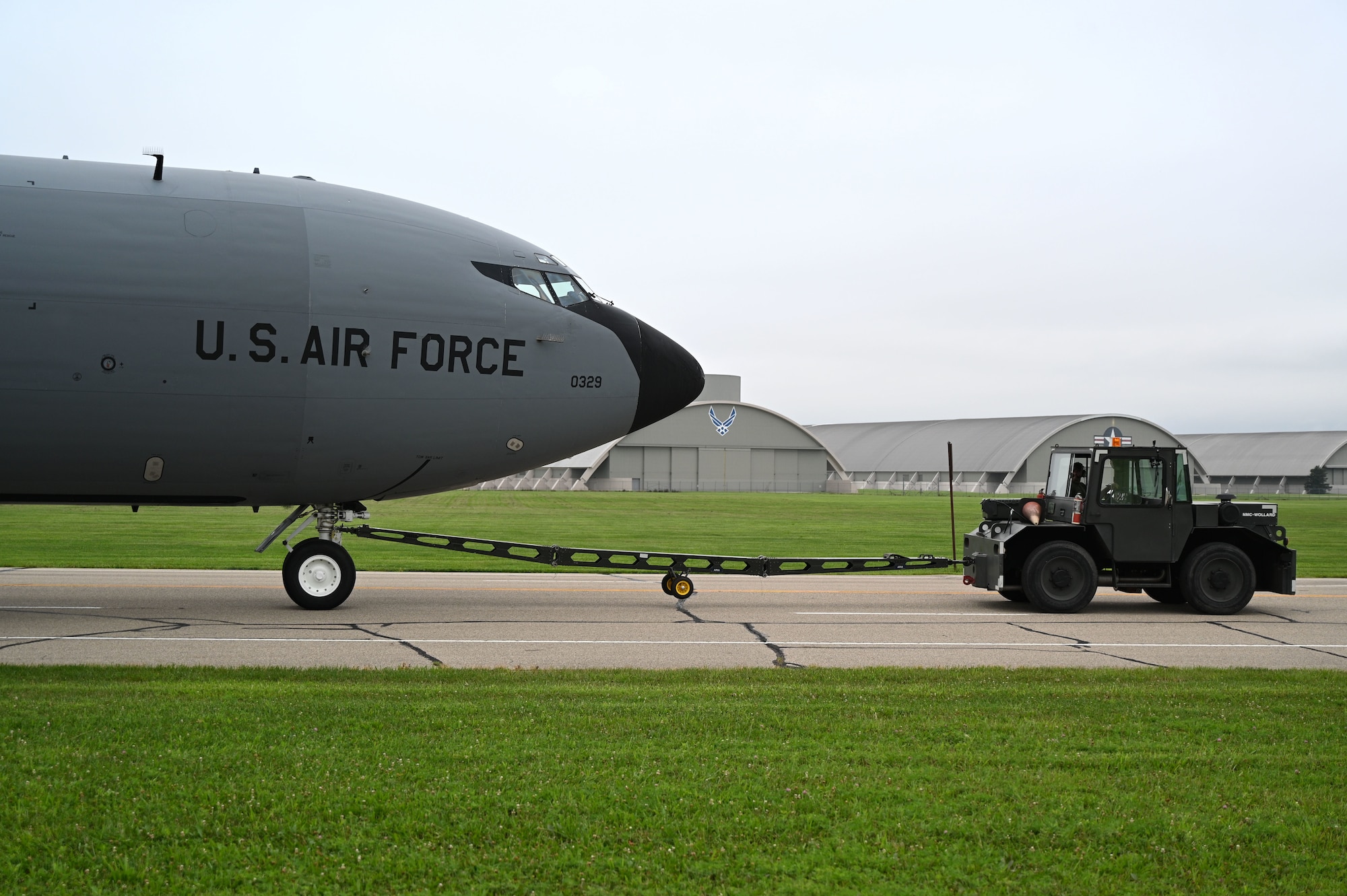 Restoration crews tow the Boeing KC-135R 60-0329 to the Air Park at the National Museum of the U.S. Air Force on Aug. 10, 2022.