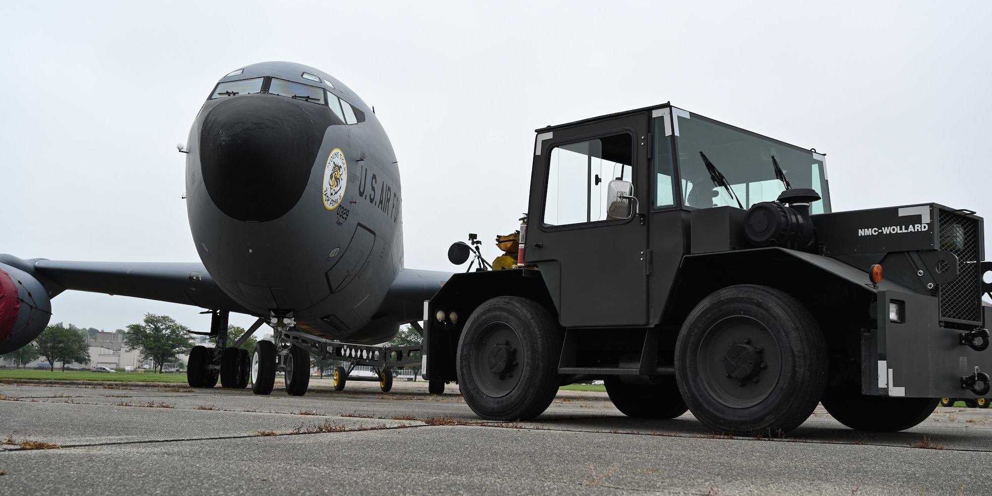 Restoration crews tow the Boeing KC-135R 60-0329 to the Air Park at the National Museum of the U.S. Air Force on Aug. 10, 2022.