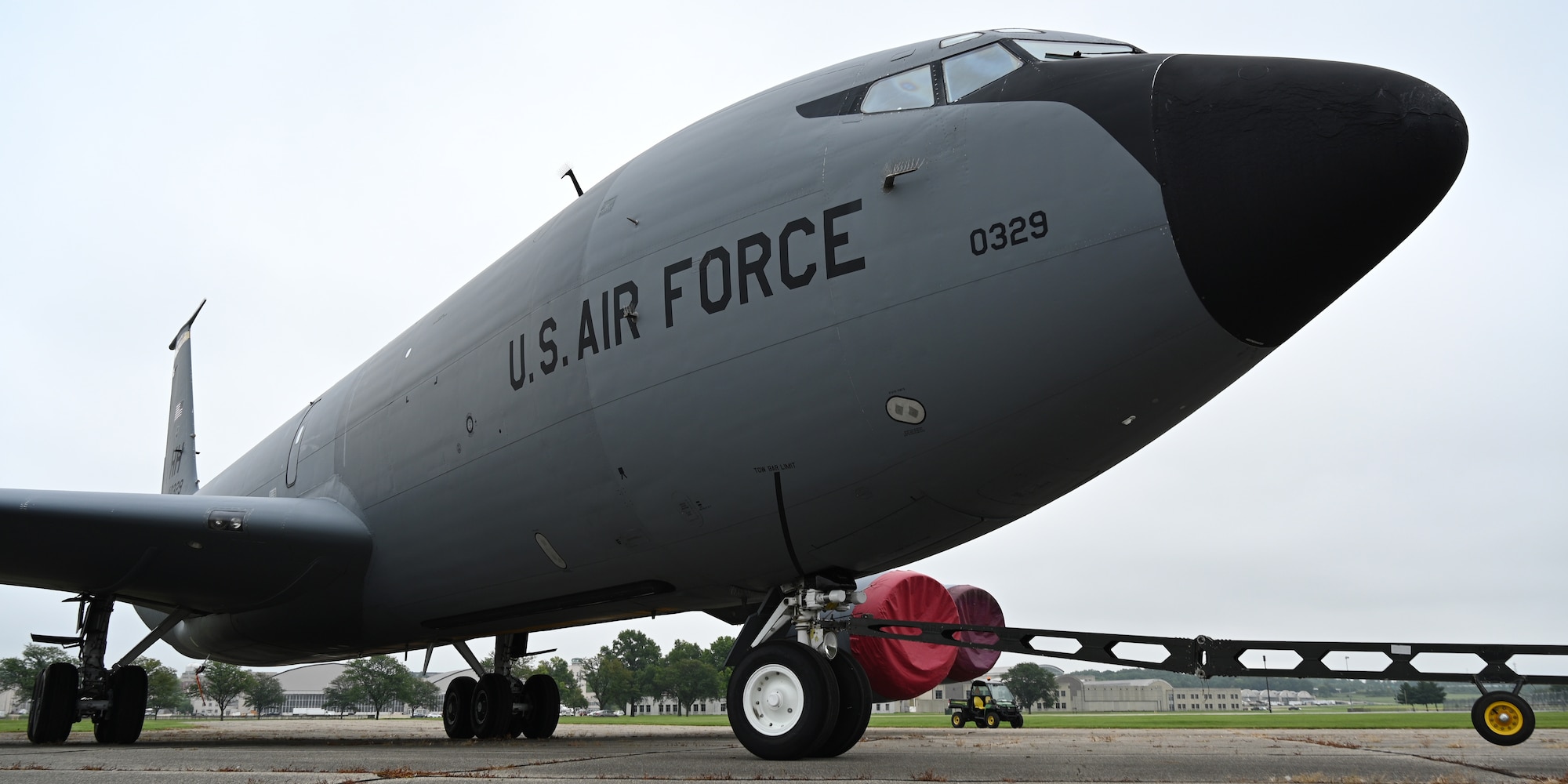 Restoration crews tow the Boeing KC-135R 60-0329 to the Air Park at the National Museum of the U.S. Air Force on Aug. 10, 2022.