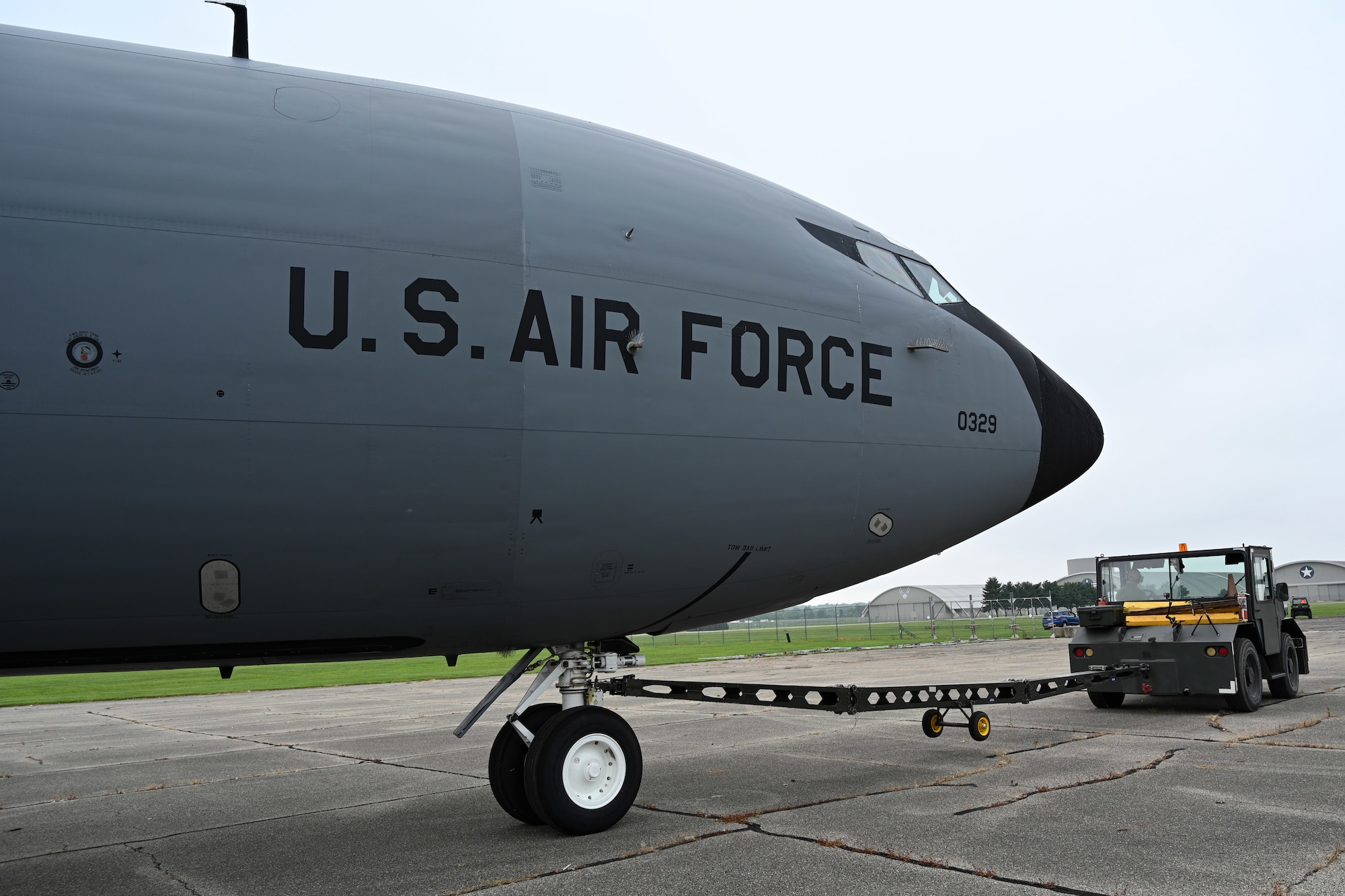 Restoration crews tow the Boeing KC-135R 60-0329 to the Air Park at the National Museum of the U.S. Air Force on Aug. 10, 2022.