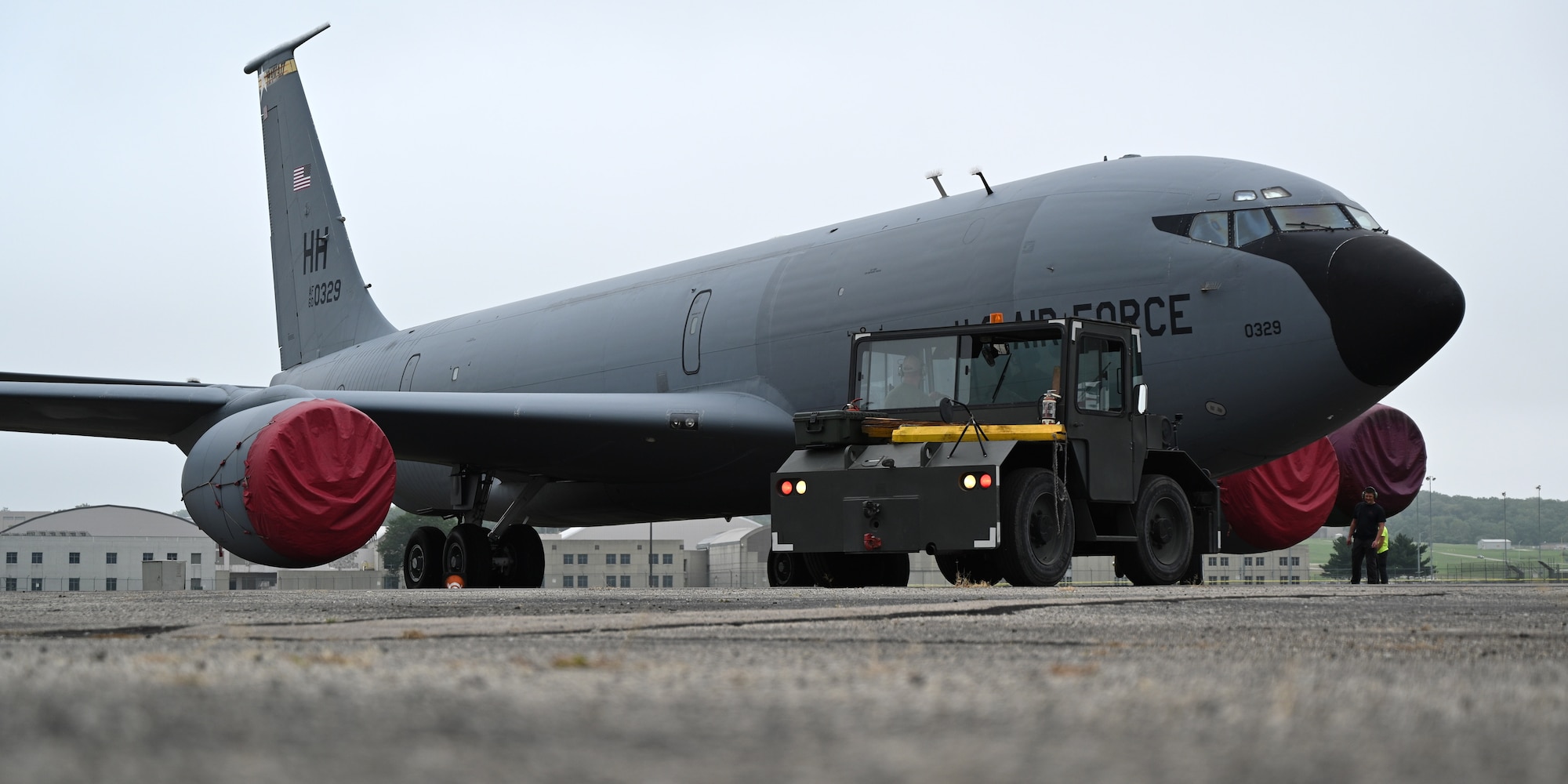 Restoration crews tow the Boeing KC-135R 60-0329 to the Air Park at the National Museum of the U.S. Air Force on Aug. 10, 2022.
