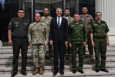 Ambassador John Mark Pommersheim, the U.S. ambassador to the Republic of Tajikistan, poses with nation leads for Regional Cooperation 22 Aug. 10, 2022, in Dushanbe, Tajikistan. Regional Cooperation 22 is an annual, multi-national U.S. Central Command sponsored command post exercise conducted by U.S. National Guard units in partnership with Central and South Asia nations. (U.S. Army National Guard photo by Sgt. 1st Class Terra C. Gatti)Regional Cooperation 22 begins in Tajikistan