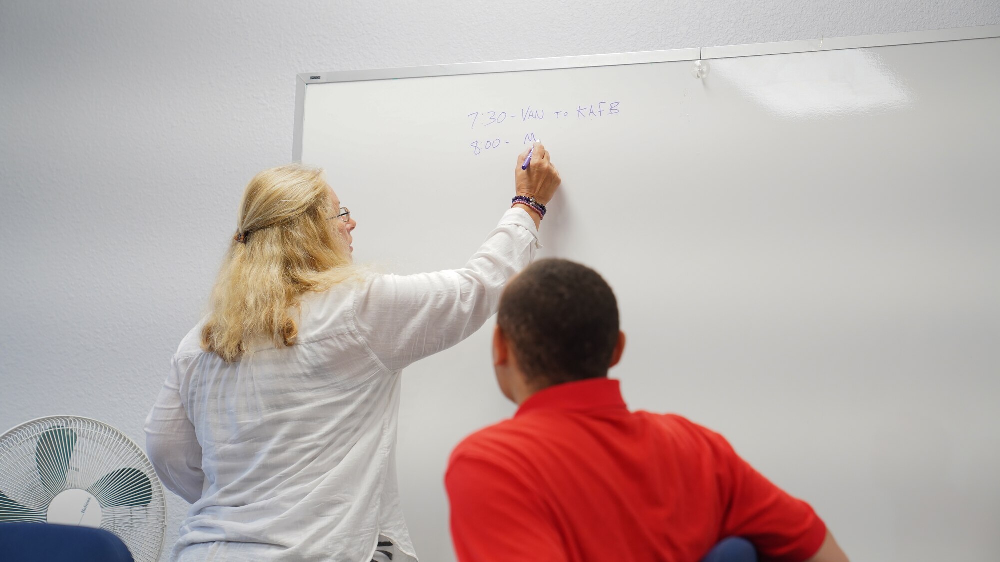 Rhonda Cochran, Biloxi School District teacher, leads an onboarding session for the first day of Project SEARCH internship training at Keesler Air Force Base, Mississippi, August 8, 2022. Keesler is the third Air Force base to partner with Project SEARCH, a program that places high schoolers with disabilities as interns at governmental and non-governmental organizations to learn critical job skills