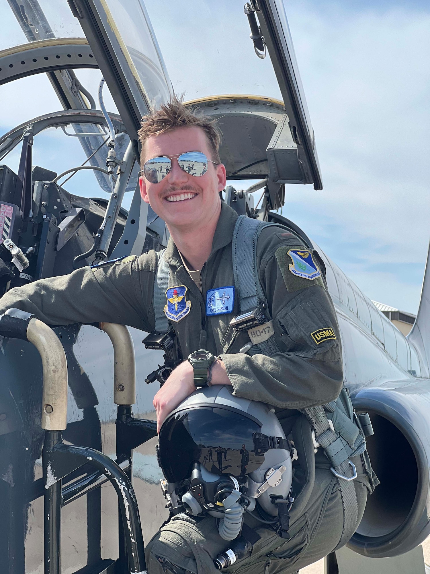 U.S. Air force 1st Lt. Chad Chapman, 47th Student Squadron T-38 Talon student pilot, poses on a T-38 Talon at Laughlin Air Force Base, Texas. (U.S. Air Force courtesy photo)