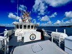 The USCGC Frederick Hatch (WPC 1143) departs Apra Harbor, Guam, on Aug. 5, 2022, for a patrol. The Hatch is a 154-foot Sentinel-class fast response cutter that calls Guam its home port.
