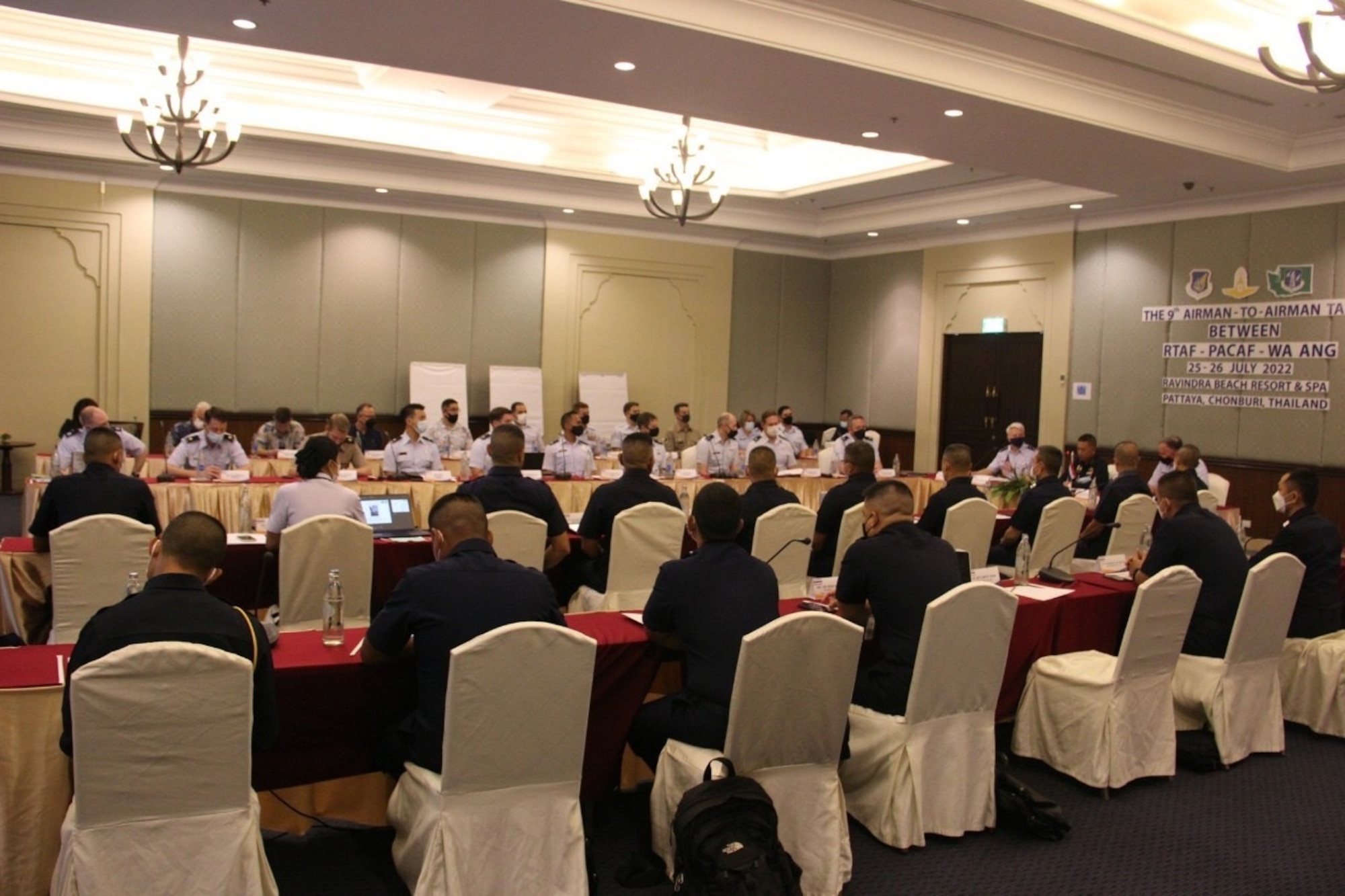 Airmen from Pacific Air Forces, the Washington Air National Guard and the Royal Thai Air Force begin discussions during the ninth annual Airman-to-Airman Talks, Pattaya, Thailand, July 29, 2022. Pacific Air Forces first began the A2AT program in 2012 and currently participates in bilateral air force talks with 13 nations. The talks provide an avenue to develop interoperability, foster military-to-military relations and improve bilateral cooperation. (Courtesy photo)