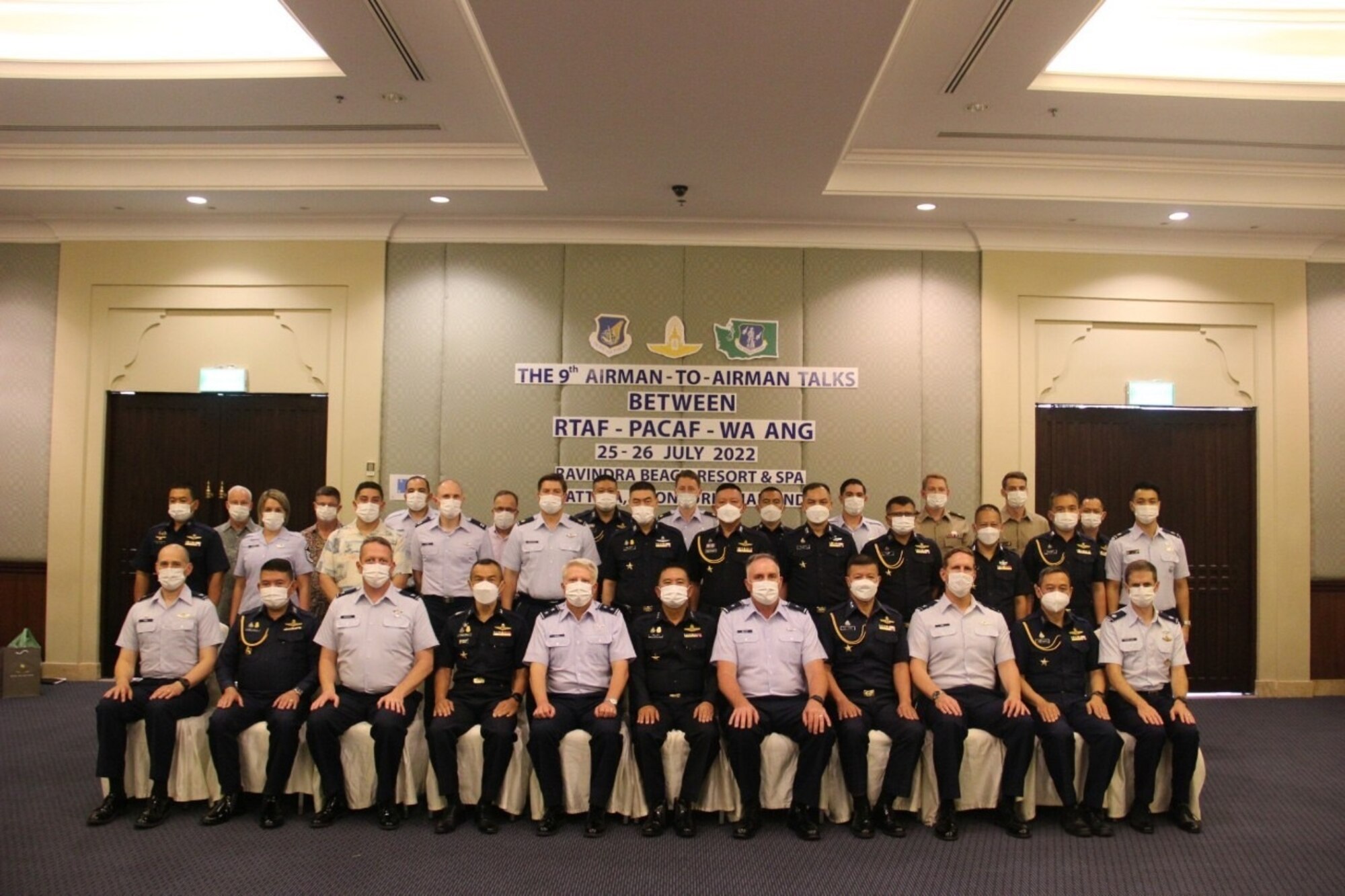 Airmen from Pacific Air Forces, the Washington Air National Guard and the Royal Thai Air Force pose for a group photo during the ninth annual Airman-to-Airman Talks, Pattaya, Thailand, July 29, 2022. The overall objectives of these Airman-to-Airman Talks is to strengthen the relationship among the two nations to review the effectiveness of exercise and engagement programs; and to strengthen interoperability. (Courtesy photo)