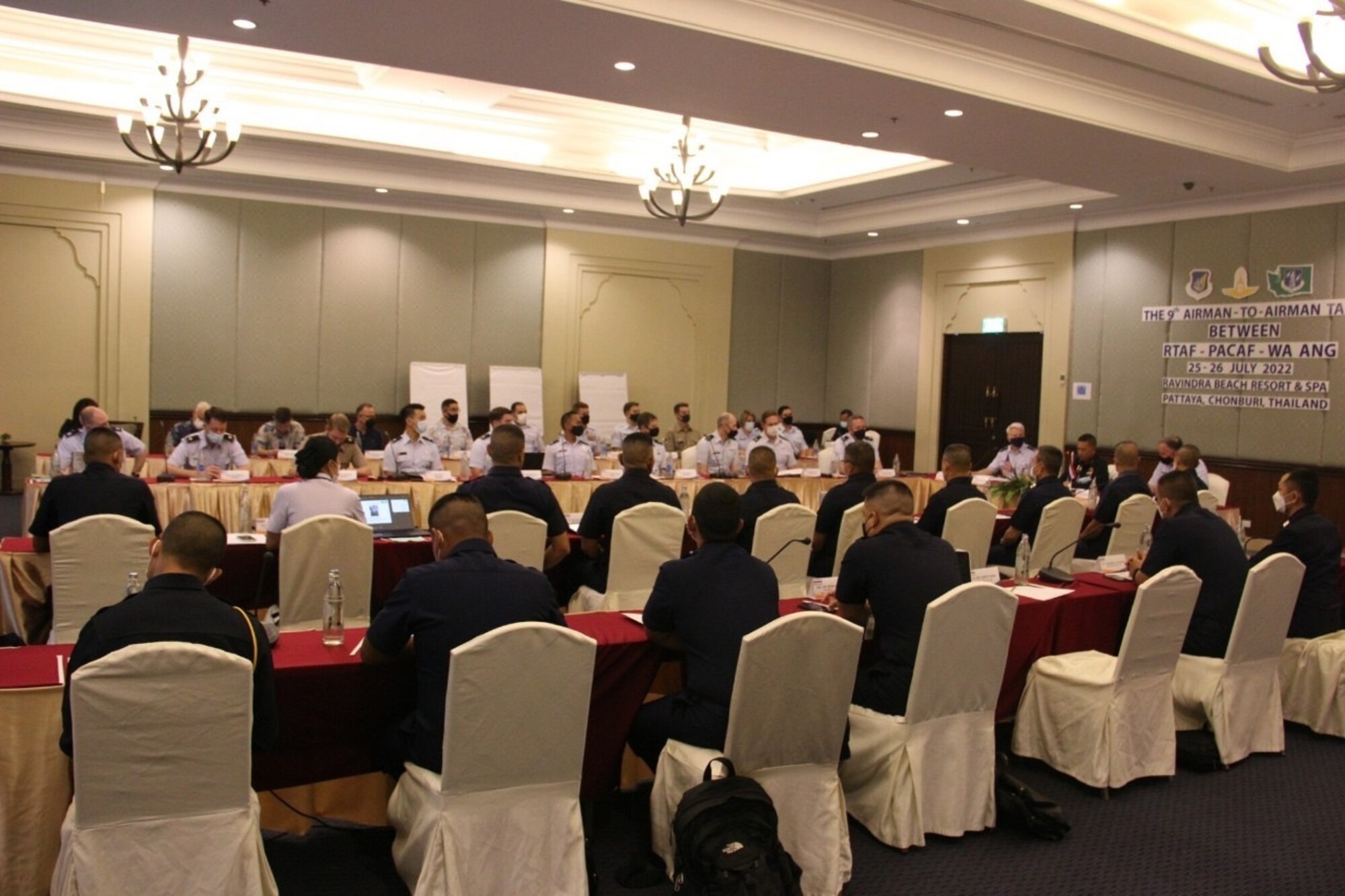 Airmen from Pacific Air Forces, the Washington Air National Guard and the Royal Thai Air Force begin discussions during the ninth annual Airman-to-Airman Talks, Pattaya, Thailand, July 29, 2022. Pacific Air Forces first began the A2AT program in 2012 and currently participates in bilateral air force talks with 13 nations. The talks provide an avenue to develop interoperability, foster military-to-military relations and improve bilateral cooperation. (Courtesy photo)