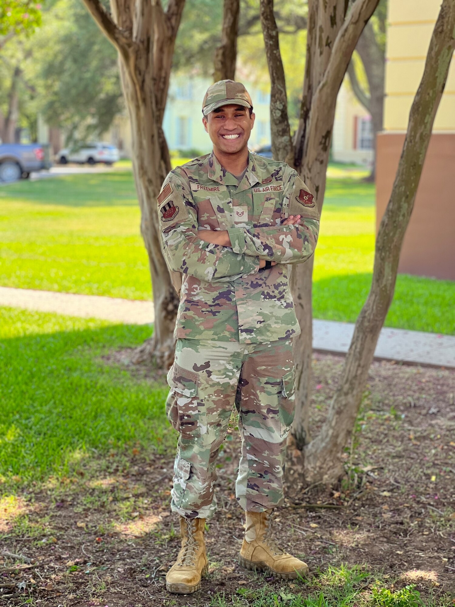 Staff Sgt. Omar Freemire, 2nd Bomb Wing senior nuclear action controller, stands for a photo after an interview, at Barksdale Air Force Base, Louisiana, July 12, 2022. Freemire was interviewed for an article about his experience helping a family after a SUV crash. (U.S. Air Force photo by Tech. Sgt. Delia Martinez)