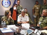 MAYPORT, Fla. (Aug. 8, 2022) U.S. Army Gen. Laura Richardson, Commander, U.S. Southern Command, left, speaks with Argentine navy Rear Adm. Marcelo Fernandez, PANAMAX 2022 Combined Force Maritime Component Commander, during exercise PANAMAX 2022, at U.S. Naval Forces Southern Command, U.S. 4th Fleet headquarters in Mayport, Fla., Aug. 8, 2022. Exercise PANAMAX 2022 is a U.S. Southern Command-sponsored exercise that provides important training opportunities for nations to work together and build upon the capability to plan and conduct complex multinational operations. The exercise scenario involves security and stability operations to ensure free flow of commerce through the Panama Canal. (U.S. Navy photo by Mass Communication Specialist 1st Class Steven Khor)