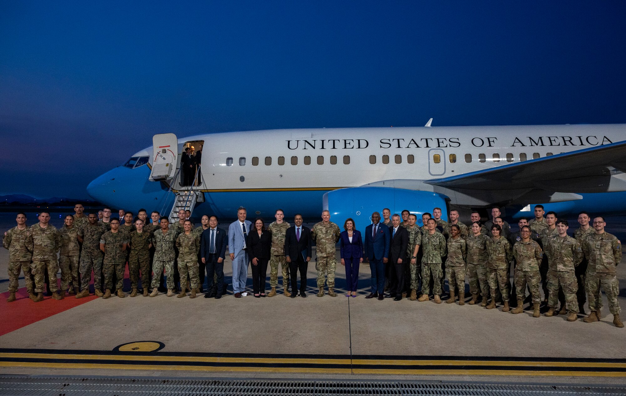 Nancy Pelosi, Speaker of the U.S. House of Representatives, and a Congressional delegation pose for a photo with Republic of Korea representatives and U.S. service members at Osan Air Base, ROK, Aug. 4, 2022.