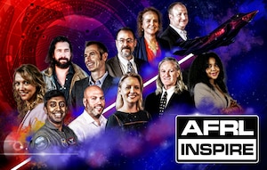 AFRL Inspire, a special event presented by the Air Force Research Laboratory featuring TEDx-style talks, will be livestreamed Aug. 23, 2022, at 1 p.m. EDT. Inspire showcases the innovative ideas and passionate people from across the science and technology enterprise. This year’s event, which celebrates the 75th anniversary of the U.S. Air Force, features nine speakers from across the lab and one special guest speaker, retired Gen. Ellen Pawlikowski. AFRL Historians Dr. Darren Raspa and Jeffrey Duford will serve as the hosts for the program. Speakers, from left, include Dr. Kerianne Hobbs, Dr. Mike Goodson, Dr. Melissa Wilson, Brian “Mitch” Mitchell, Maj. Michael Nayak, Steve Colenzo, Delia Jesaitis, Dr. Steven Chambreau and Dr. Jayde King. (U.S. Air Force Illustration / Keith Lewis)