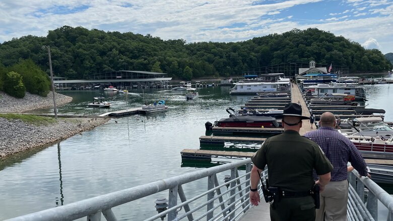Busy day at Dale Hollow State Park Marina as visitors come by walk ramp, and boat ramp, to attend the Clean Marina Award dedication ceremony at Dale Hollow State Park Marina in Burkesville, Kentucky on Aug. 6, 2022. (USACE Photo by Misty Cunningham)