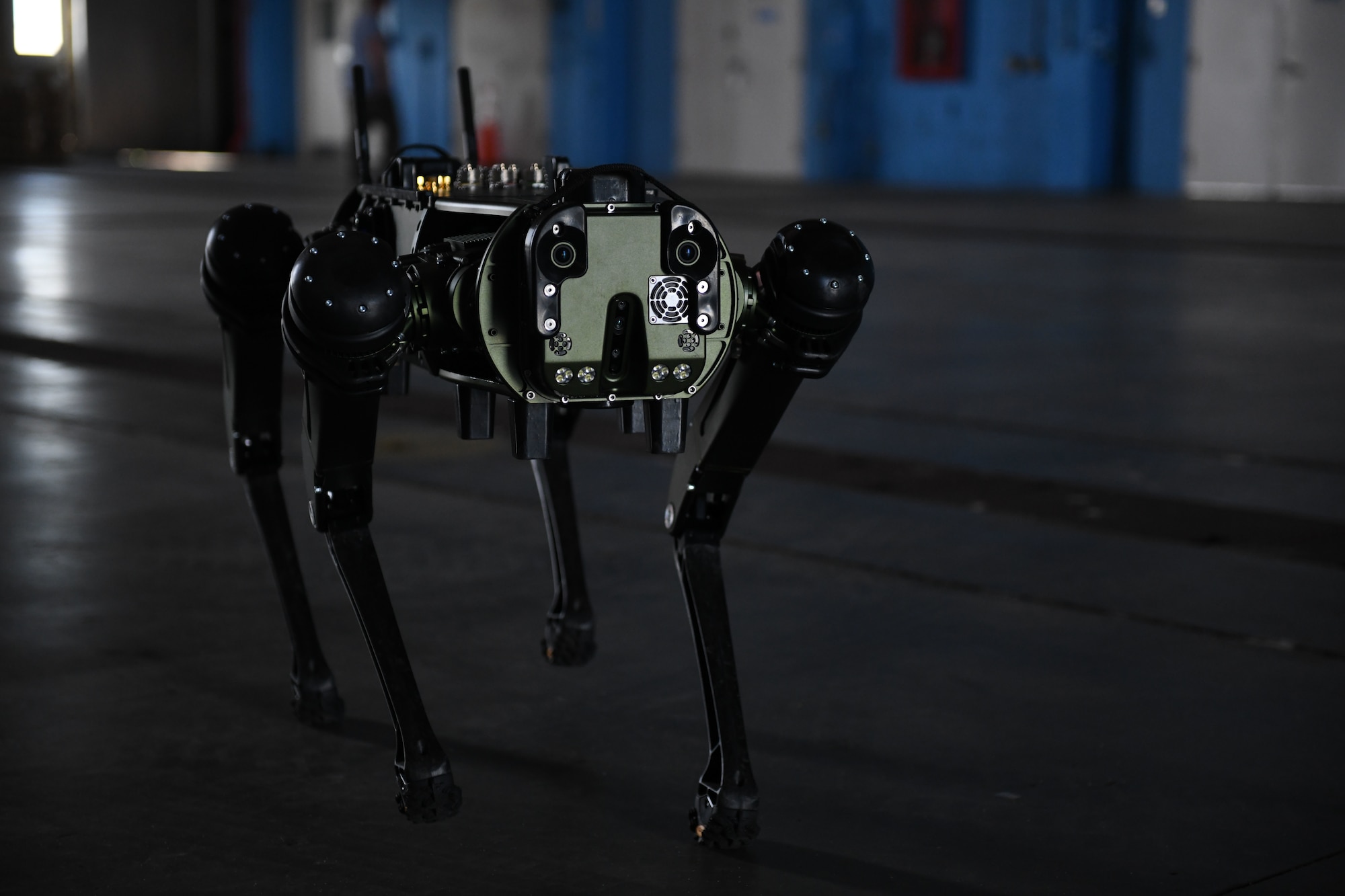 A Ghost Robotics, Vision 60 Quadruped Unmanned Ground Vehicle (Q-UGV) is operated during a demo for 45th Security Forces Squadron at Cape Canaveral Space Force Station, Fla., July 28, 2022. The Q-UGV effectively demonstrated how manual and repetitive tasks can be automated using ground-based robots. (U.S. Space Force photo by Senior Airman Samuel Becker)