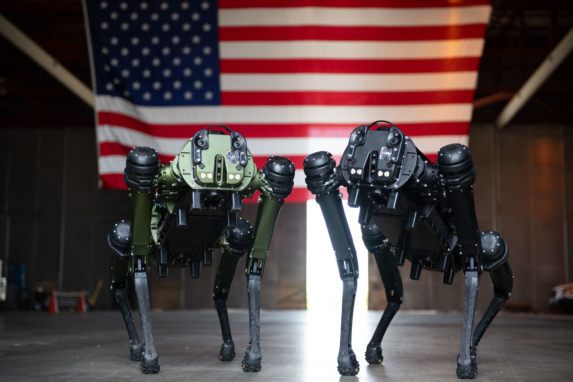 Ghost Robotics Quadruped Unmanned Ground Vehicles (Q-UGV) pose for a photo at Cape Canaveral Space Force Station, Fla., July 27, 2022. The Q-UGV effectively demonstrated how manual and repetitive tasks can be automated using ground-based robots. (U.S. Space Force photo by Senior Airman Samuel Becker)