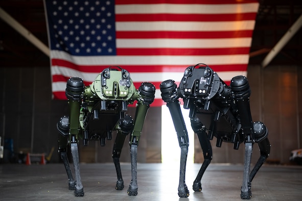 Ghost Robotics Quadruped Unmanned Ground Vehicles (Q-UGV) pose for a photo at Cape Canaveral Space Force Station, Fla., July 27, 2022. The Q-UGV effectively demonstrated how manual and repetitive tasks can be automated using ground-based robots. (U.S. Space Force photo by Senior Airman Samuel Becker)