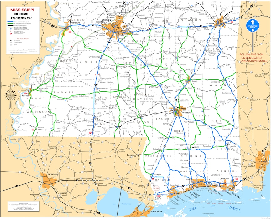 Courtesy graphic from the Mississippi Department of Transportation showing hurricane evacuation routes.