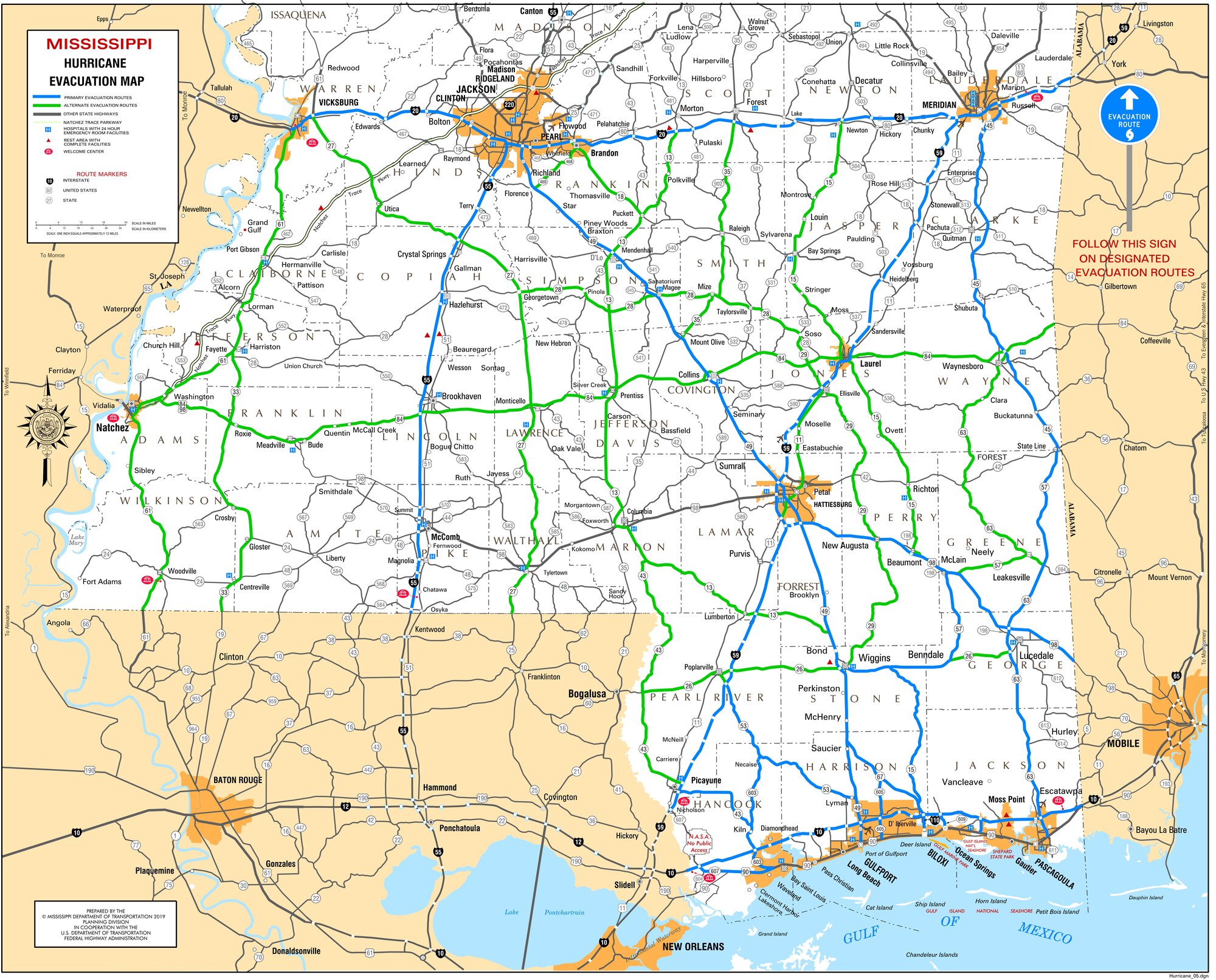 Courtesy graphic from the Mississippi Department of Transportation showing hurricane evacuation routes.