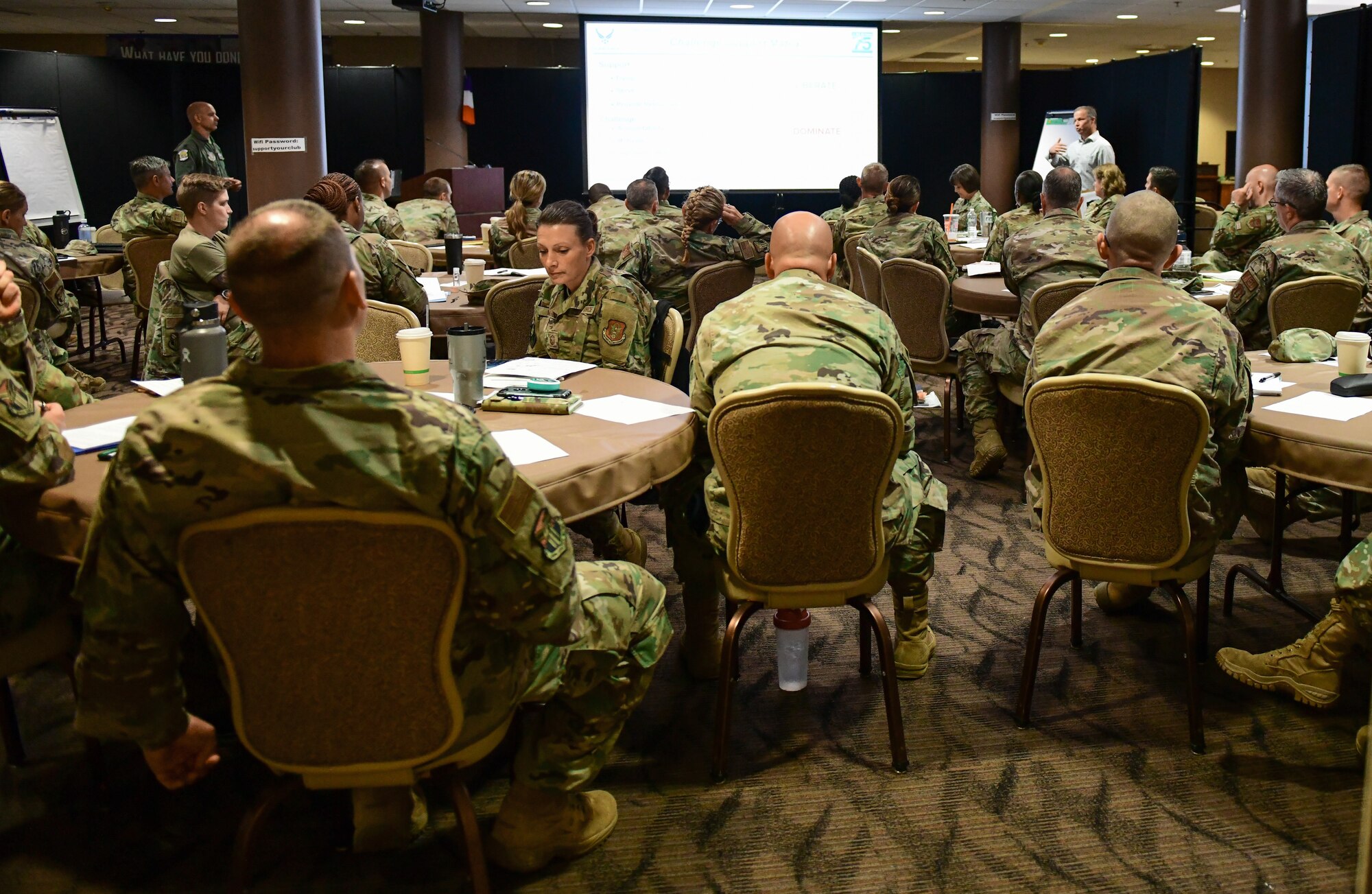 Reserve Citizen Airmen of the 910th Airlift Wing listen to guest speakers during a senior non-commissioned officer enlisted symposium, Aug. 9, 2022, at Youngstown Air Reserve Station, Ohio.