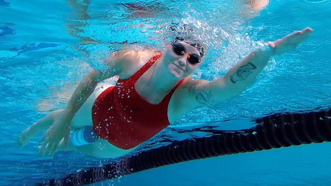 An athlete participates in swimming practice.