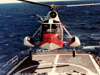 USCG HH-52 "Love Ma'chine" taking off from USCGC Alert while sailing in the Yucatan Channel, in March, 1981.