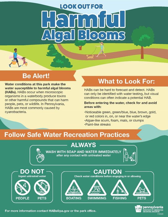 Visitors are advised to be alert for harmful algal bloom conditions and to avoid contact with discolored water or scum. Algal blooms occur annually, however environmental and lake conditions during the summer season enable the algal blooms to become potentially harmful.