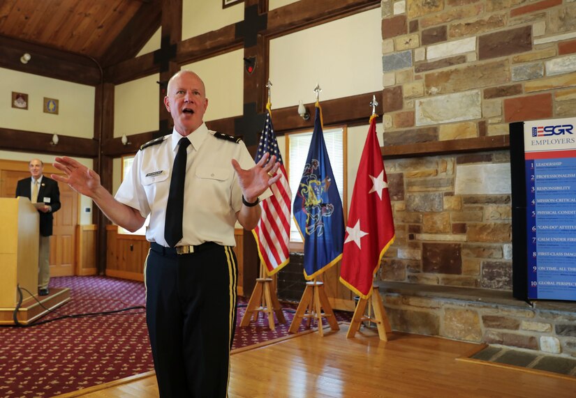 Maj. Gen. Mark Schindler, Pennsylvania’s adjutant general, speaks at the annual awards luncheon for Pennsylvania’s chapter of the Employer Support of the Guard and Reserve (ESGR) Aug. 11 at Fort Indiantown Gap. Soldiers and Airmen from the Pennsylvania National Guard, along with service members in other branches of the Reserve Component nominated outstandingly supportive employers for recognition by the ESGR. (U.S. Army National Guard photo by Sgt. 1st Class Zane Craig)