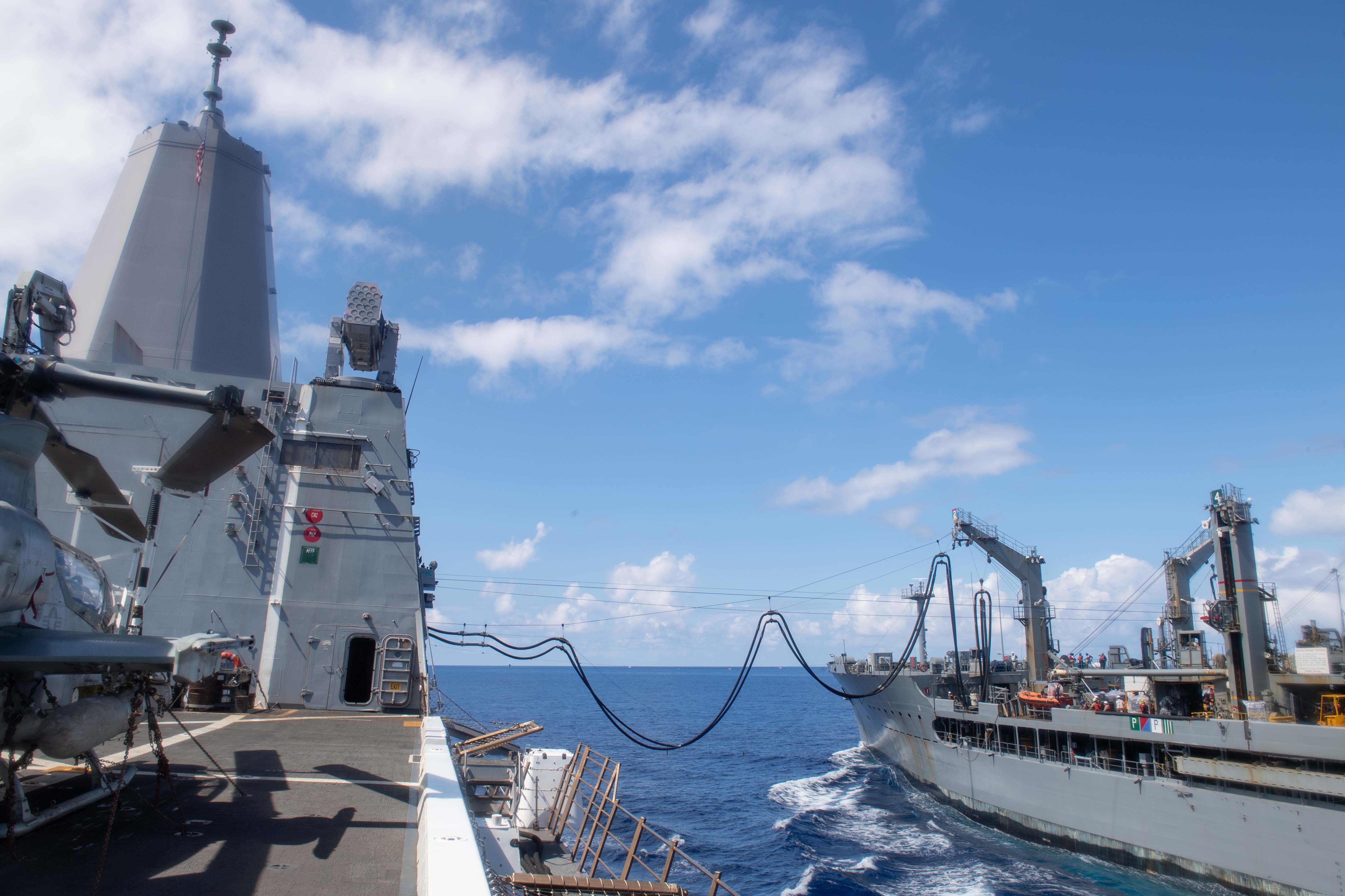 USS New Orleans (LPD 18) receives fuel from the Military Sealift Command replenishment vessel USNS Rappahannock (T-AO-204) during a replenishment-at-sea.