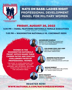 Nats on base is hosting a professional development panel for military women on August 26, 2022. All are welcome. Registration is required.