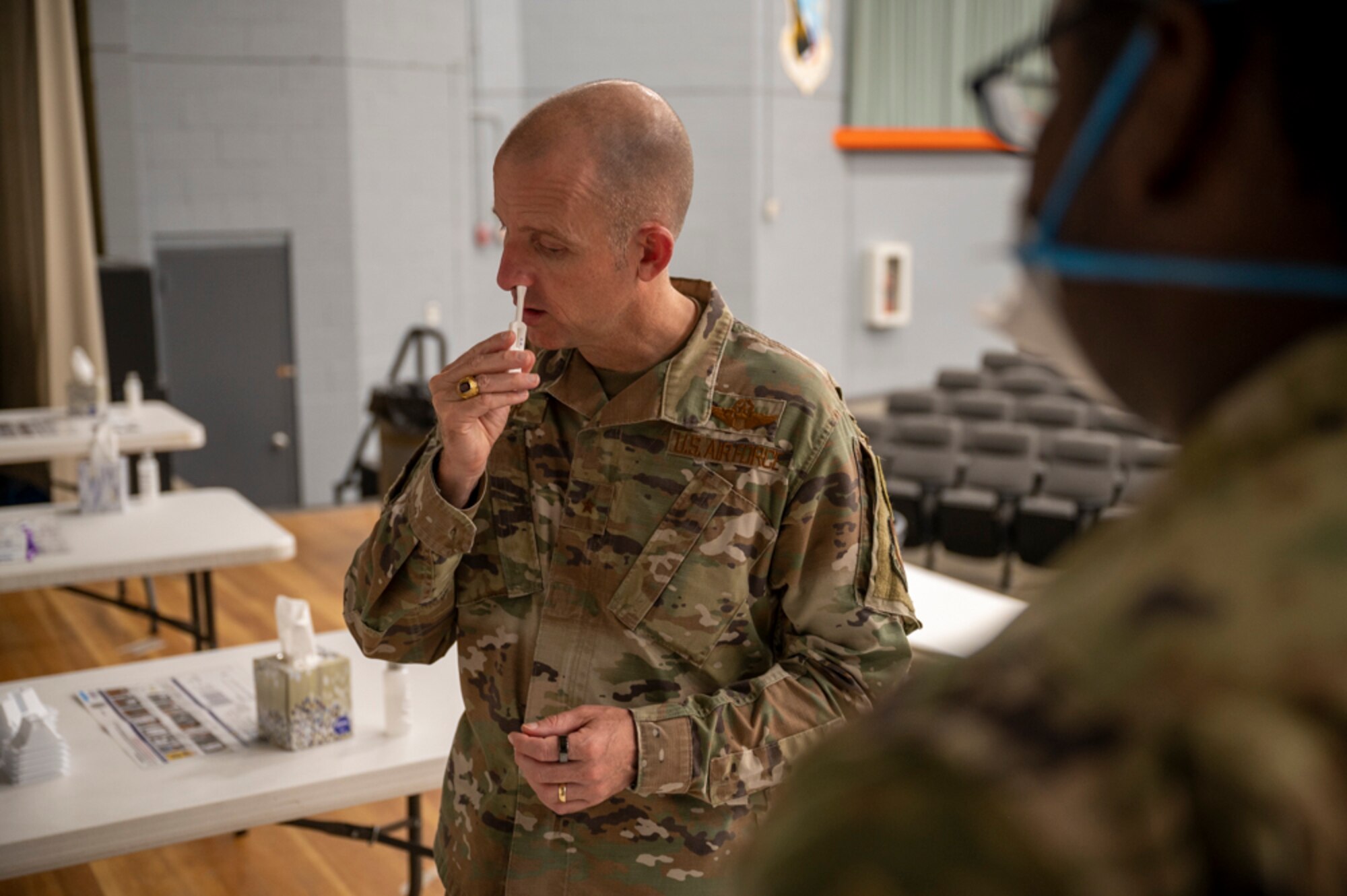 U.S. Air Force Brig. Gen. Matthew Higer, Commander of the 412th Test Wing at
Edwards AFB, California, was randomly selected to be tested for COVID-19 as part of this new health measure.