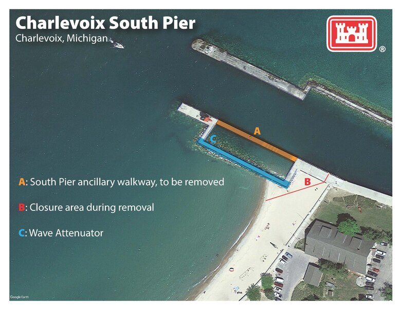The U.S. Army Corps of Engineers is scheduled to remove the ancillary walkway on the Charlevoix Harbor South Pier in Charlevoix, Michigan due to safety concerns.