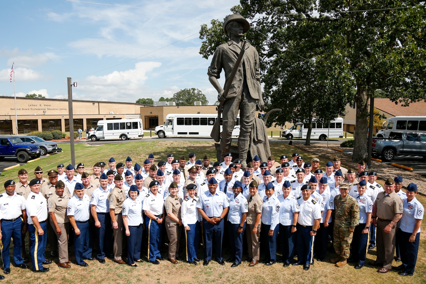 Senior Enlisted Advisor Tony Whitehead, the SEA to the chief, National Guard Bureau, and senior enlisted Guard leaders from across the country stand for a photo at the National Guard Professional Education Center in North Little Rock, Arkansas, Aug. 10, 2022. Whitehead hosted the National Guard's Senior Enlisted Leader Training Forum in Little Rock, Aug. 7-10, 2022.