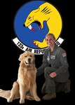 Tech. Sgt. Natalie Belongie, a boom operator with 133rd Air Refueling Squadron, 157th Air Refueling Wing, and her wingman "Pack" pose at Pease Air National Guard Base in Newington, N.H., Aug. 10, 2022.