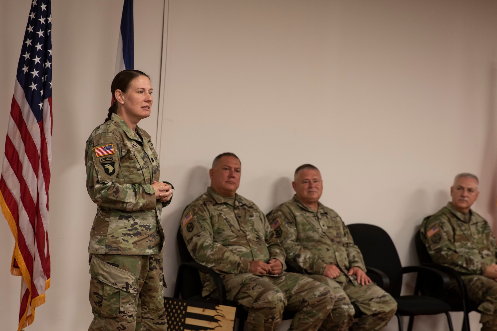 West Virginia Army National Guard Lt. Col. Gina M. Nichols gives remarks following a change of command ceremony at AITEC headquarters in St. Albans, West Virginia, Aug. 9, 2022. Col. Mark B. Houck relinquished command of the Army Interagency Training and Education Center (AITEC) to Nichols during the ceremony.