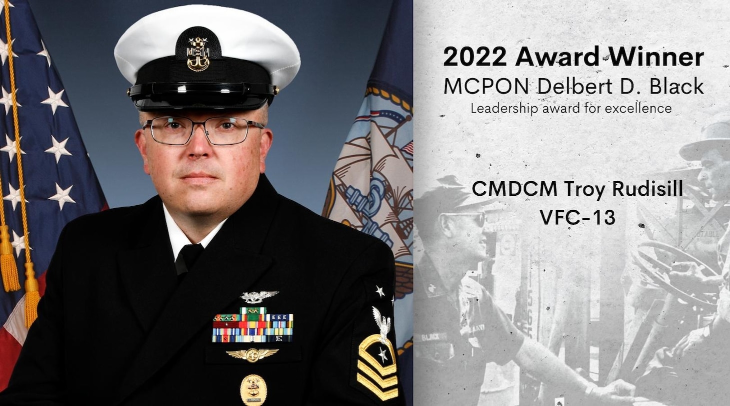 The command master chief of Fighter Squadron Composite Thirteen (VFC-13), Troy Rudisill, was selected as the 2022 Master Chief Petty Officer of the Navy Delbert D. Black Leadership Award recipient, August 12. (U.S. Navy graphic by MC1 Anna Van Nuys)