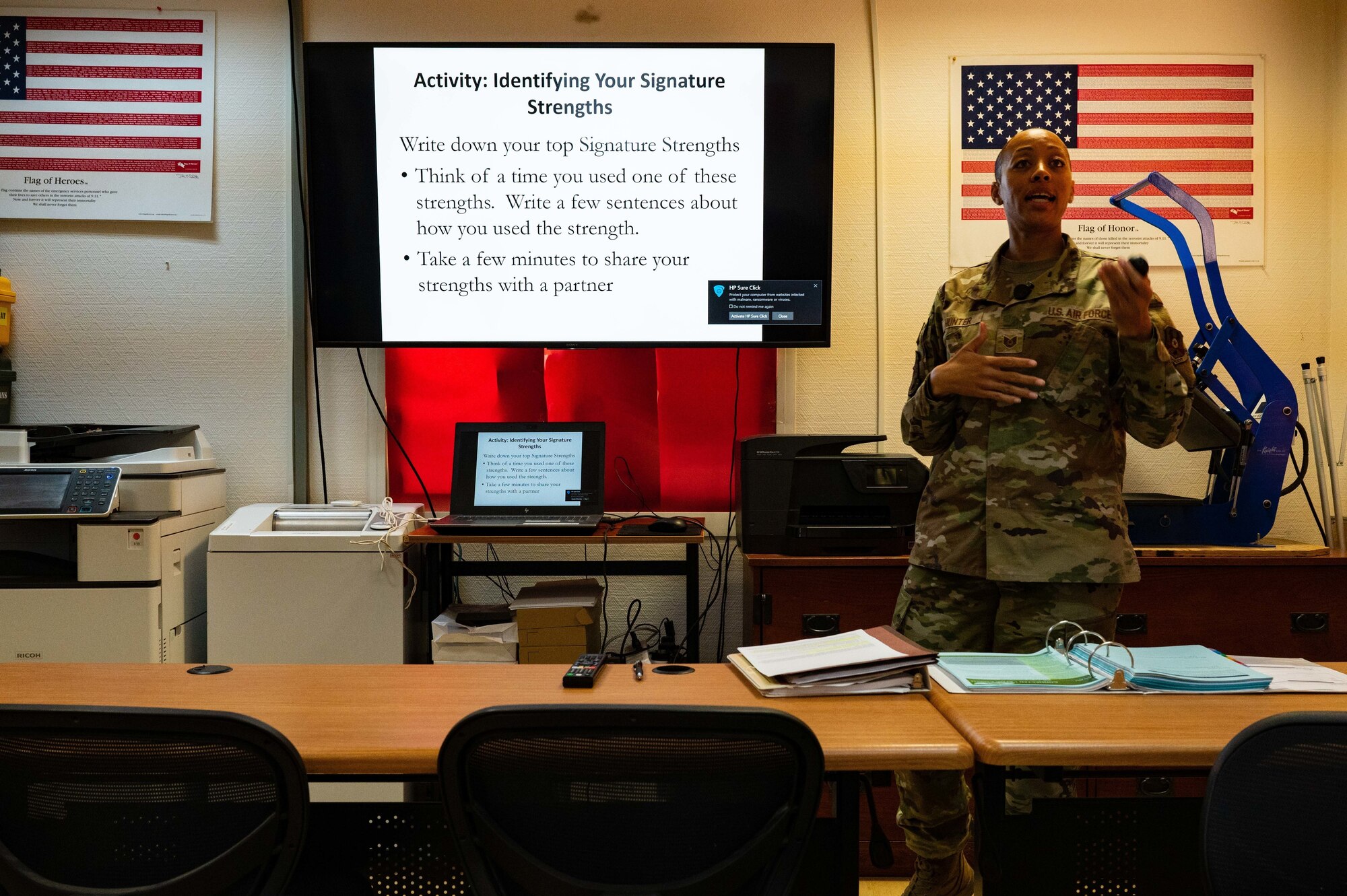 U.S. Air Force Tech. Sgt. Monique Hunter, a master resiliency trainer with the 9th Air Force Central Command, teaches an MRT course at the Airman and Family Readiness Center on Al Udeid Air Base, Qatar, on July 28, 2022. Hunter spoke on the subject of strength during the course pictured and allowed for detailed discussion during all her courses to enable individual growth and a better communal understanding of one another. (U.S. Air Force photo by Staff Sgt. Dana Tourtellotte)