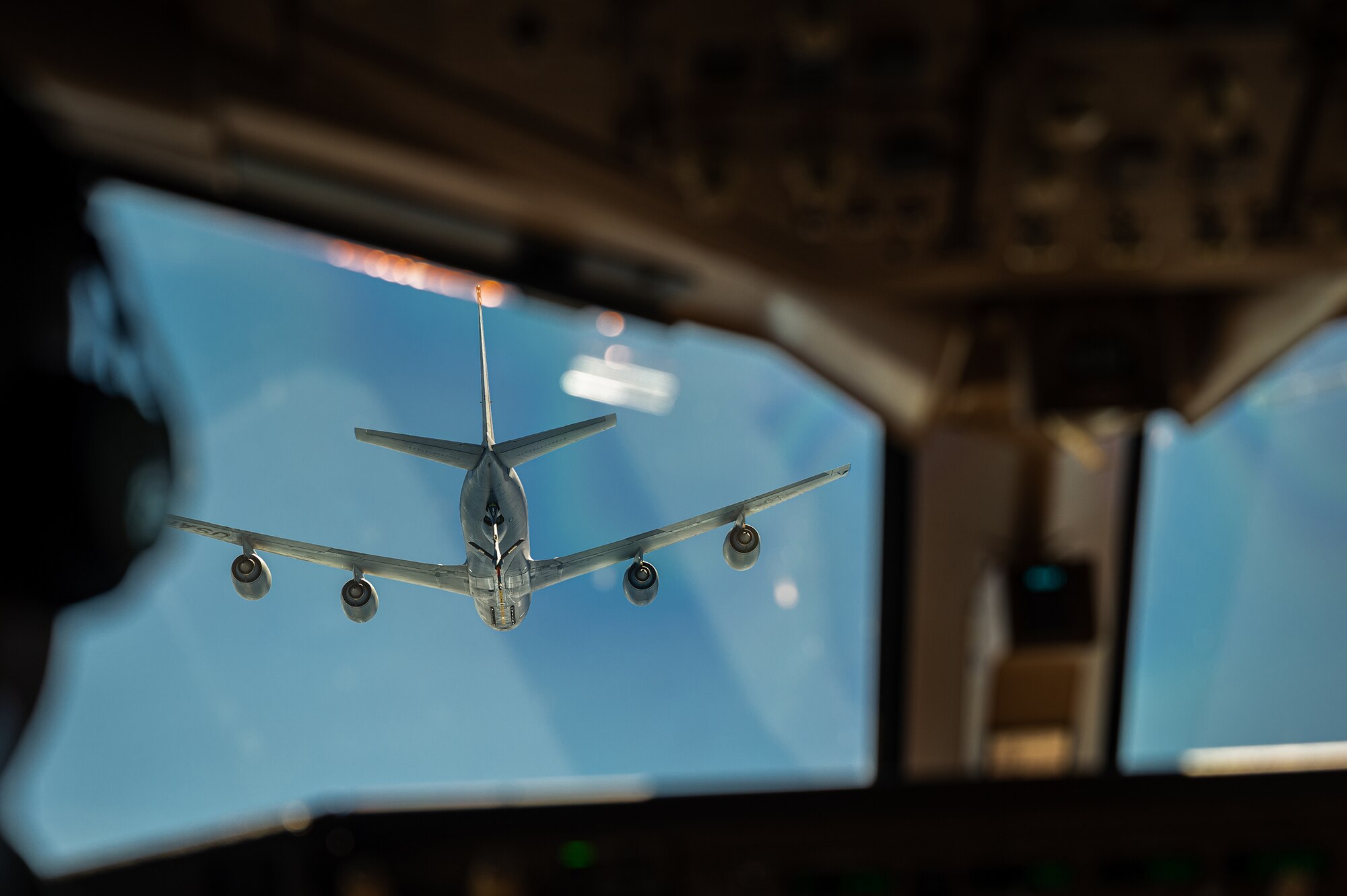 aj. Bill Daley, a KC-46 pilot assigned to the 157th Air Refueling Wing, approaches a KC-135 Stratotanker assigned to the Pennsylvania Air National Guard, in the sky off the coast of New England, during the Super Sortie endurance flight, Aug. 3, 2022.