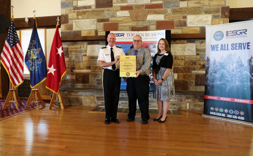Carnegie Mellon University received the Pro Patria award, the highest that can be bestowed at the state level at the annual awards luncheon for Pennsylvania’s chapter of the Employer Support of the Guard and Reserve (ESGR) Aug. 11 at Fort Indiantown Gap. Soldiers and Airmen from the Pennsylvania National Guard, along with service members in other branches of the Reserve Component nominated outstandingly supportive employers for recognition by the ESGR. (U.S. Army National Guard photo by Sgt. 1st Class Zane Craig)