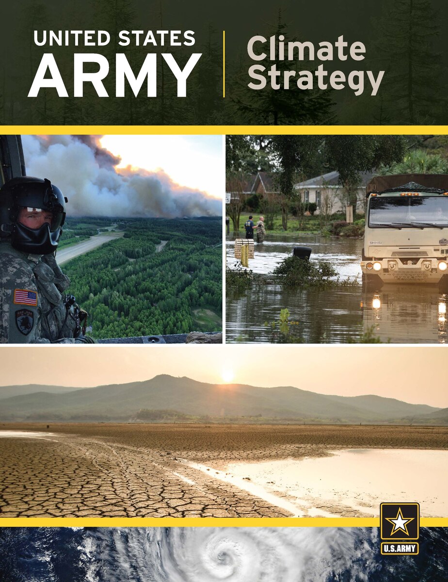 U.S. Army Climate Strategy report cover with various images of natural disasters.