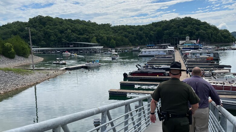 Busy day at Dale Hollow State Park Marina as visitors come by walk ramp, and boat ramp, to attend the Clean Marina Award dedication ceremony at Dale Hollow State Park Marina in Burkesville, Kentucky on Aug. 6, 2022. (USACE Photo by Misty Cunningham)