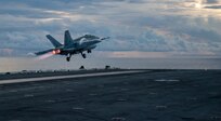 PHILIPPINE SEA (Aug. 2, 2022) An F/A-18E Super Hornet attached to the Eagles of Strike Fighter Squadron (VFA) 115 launches from the flight deck of the U.S. Navy’s only forward-deployed aircraft carrier USS Ronald Reagan (CVN 76) in the Philippine Sea, Aug. 2. The Eagles conduct carrier-based air strike and strike force escort missions, as well as ship, battle group, and intelligence collection operations. Ronald Reagan, the flagship of Carrier Strike Group 5, provides a combat-ready force that protects and defends the United States, and supports alliances, partnerships and collective maritime interests in the Indo-Pacific region. (U.S. Navy photo by Mass Communication Specialist 3rd Class Gray Gibson)