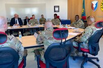 Army Field Support Battalion-Mannheim hosted U.S. Army Sustainment Command’s top leader at the battalion headquarters, Coleman Army Prepositioned Stocks-2 worksite, in Mannheim, Germany, Aug. 12. The commanding general of ASC, Maj. Gen. David Wilson, was greeted by leaders from the 405th Army Field Support Brigade and AFSBn-Mannheim at the APS-2 worksite and given an operations and capabilities briefing.