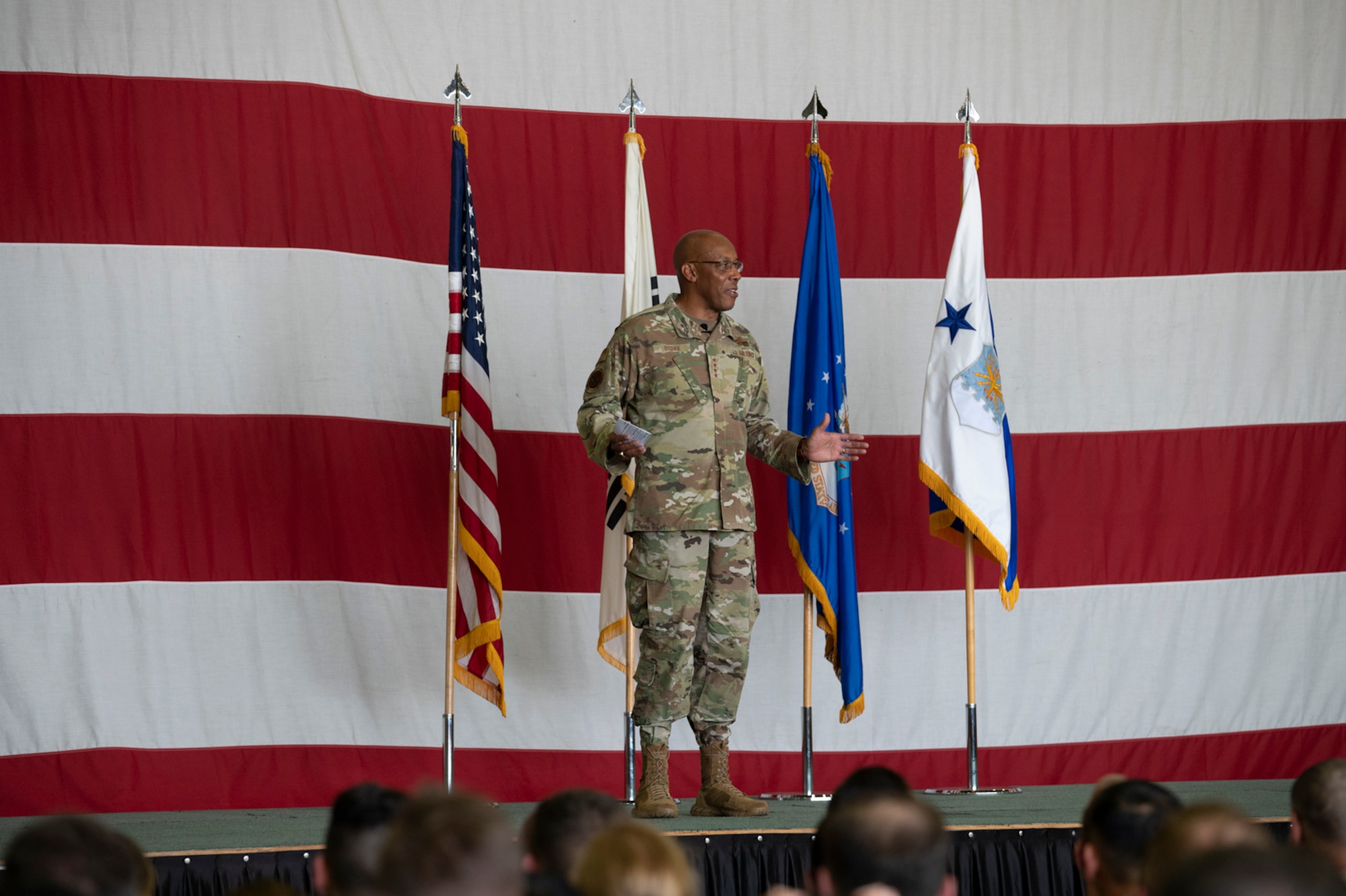 Air Force Chief of Staff Gen. CQ Brown, Jr., address airmen during an all-call at Osan Air Base, Republic of Korea, Aug. 12, 2022.